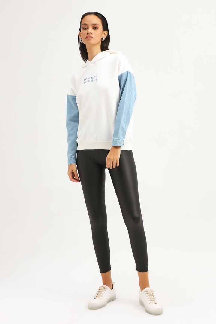 Garnili Kapüşonlu Sweatshirt Ekru