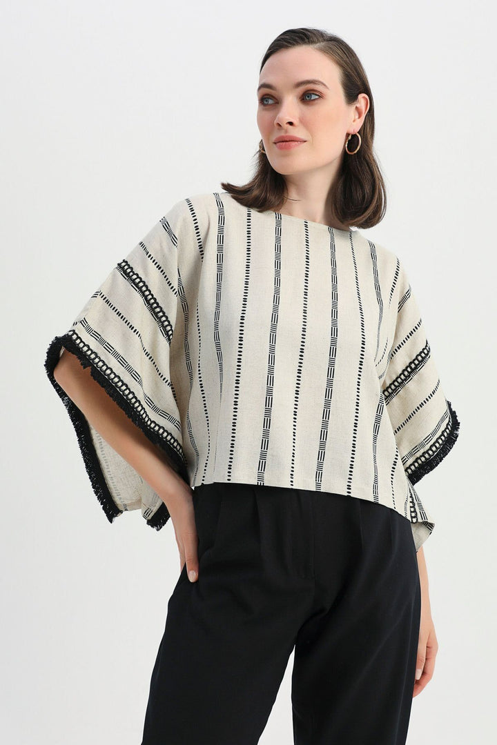 Patterned Tassel Detailed Linen Poncho Natural