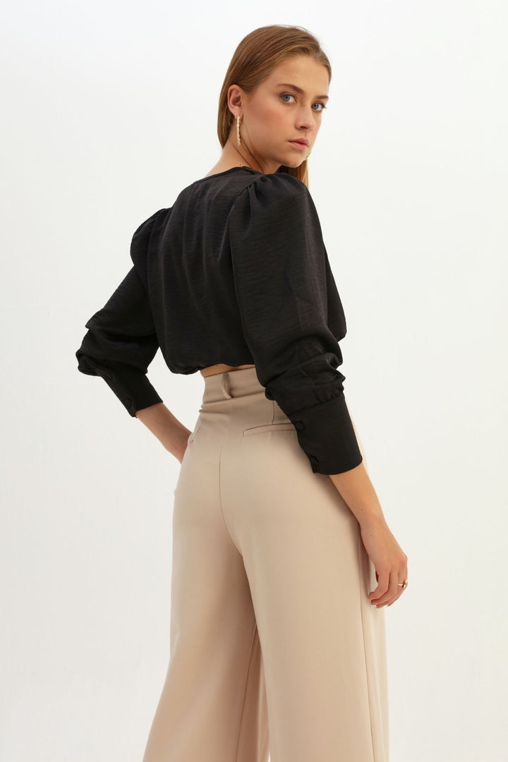 Waistband Double Breasted Crop Blouse Black