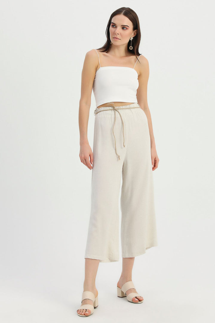 Hasır İp Kemerli Keten Pantolon Ekru