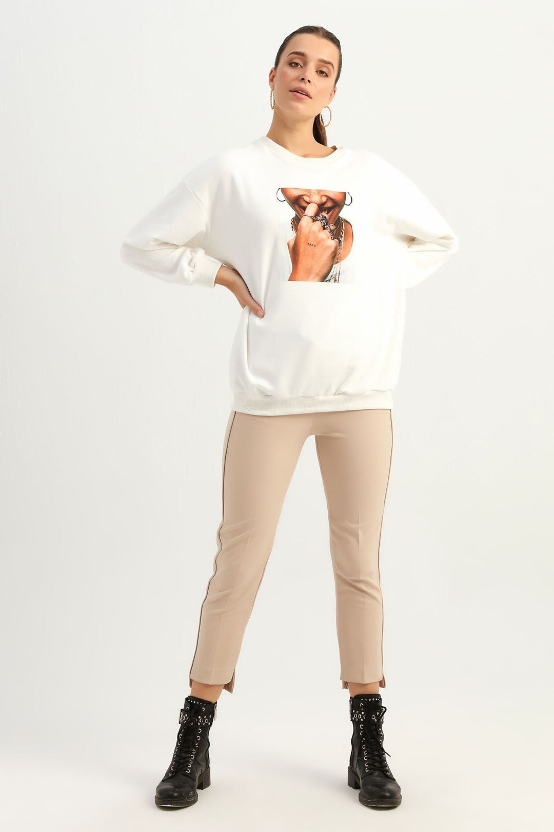 Printed Long Sweatshirt Ecru