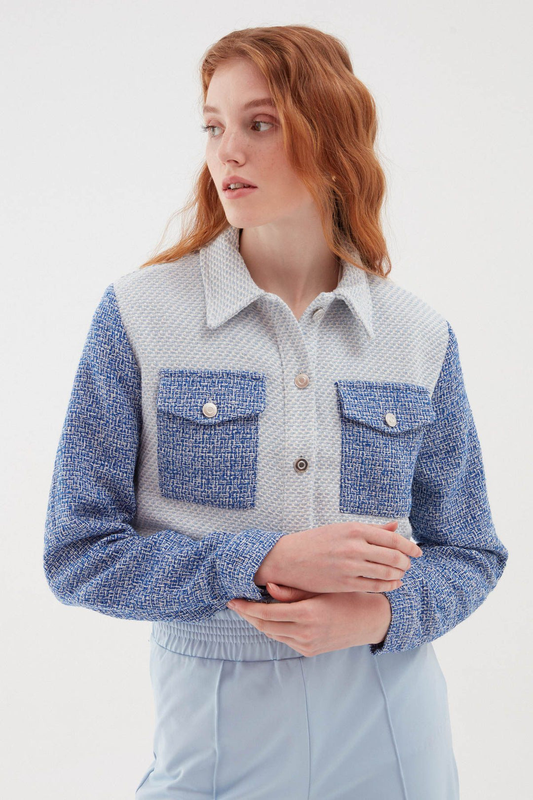 Püsküllü Tüvit Ceket Mavi