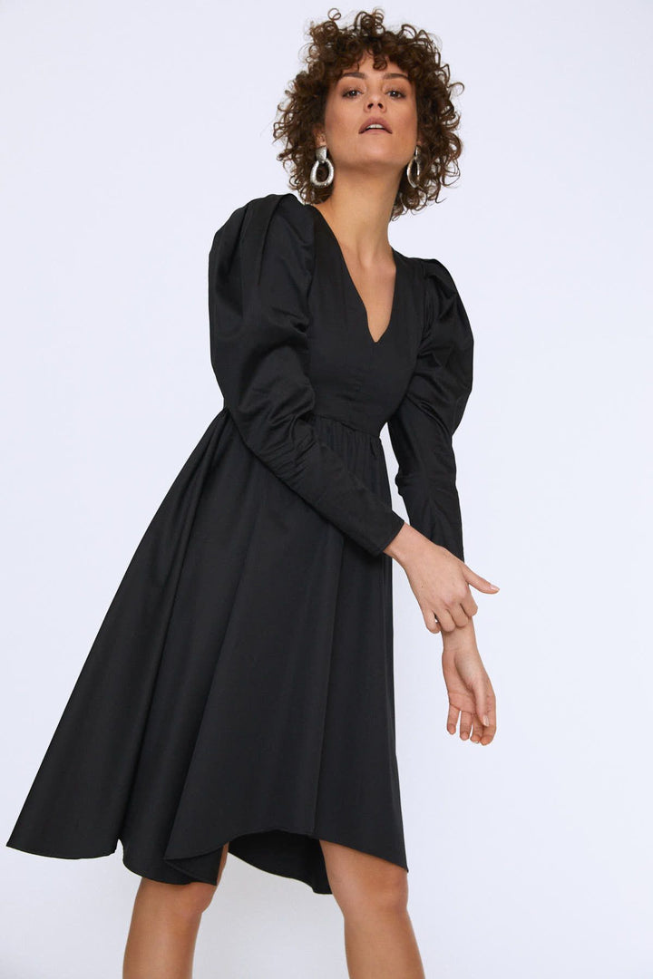 Balloon Sleeve V Neck Midi Dress Black
