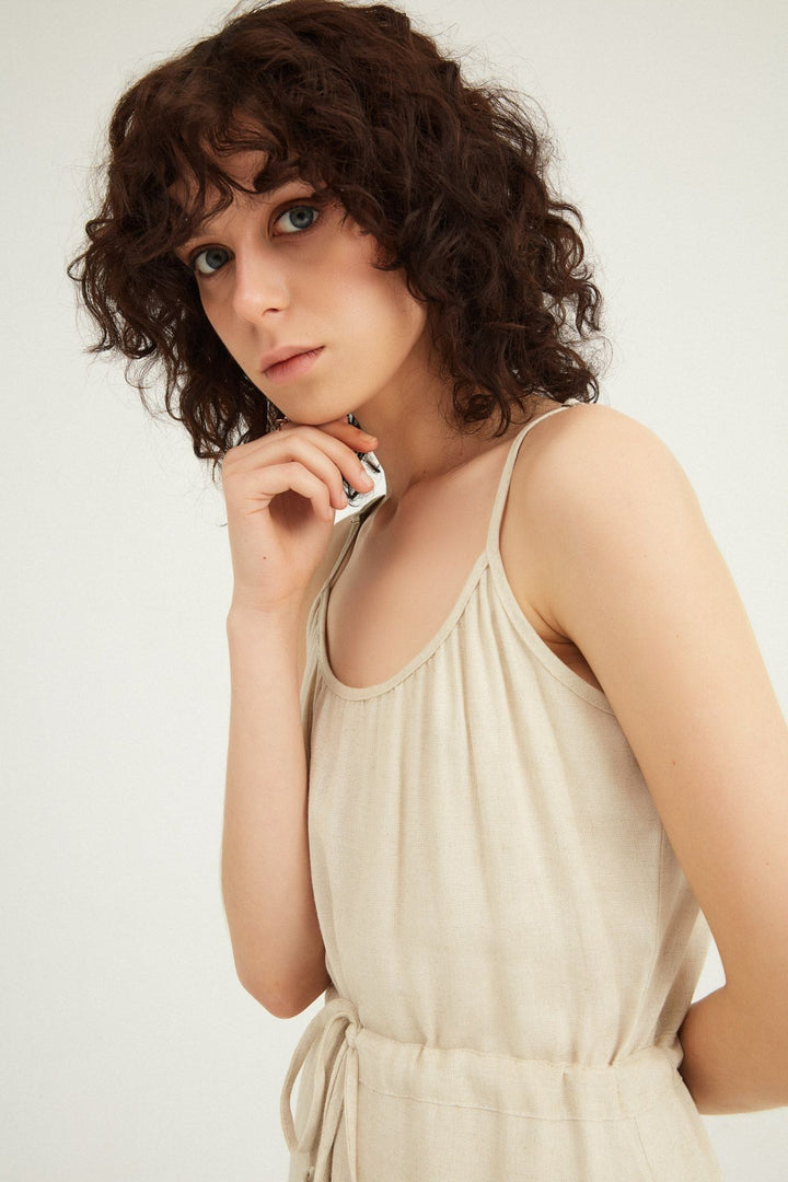 Strapless Linen Dress With Pleated Waist Natural