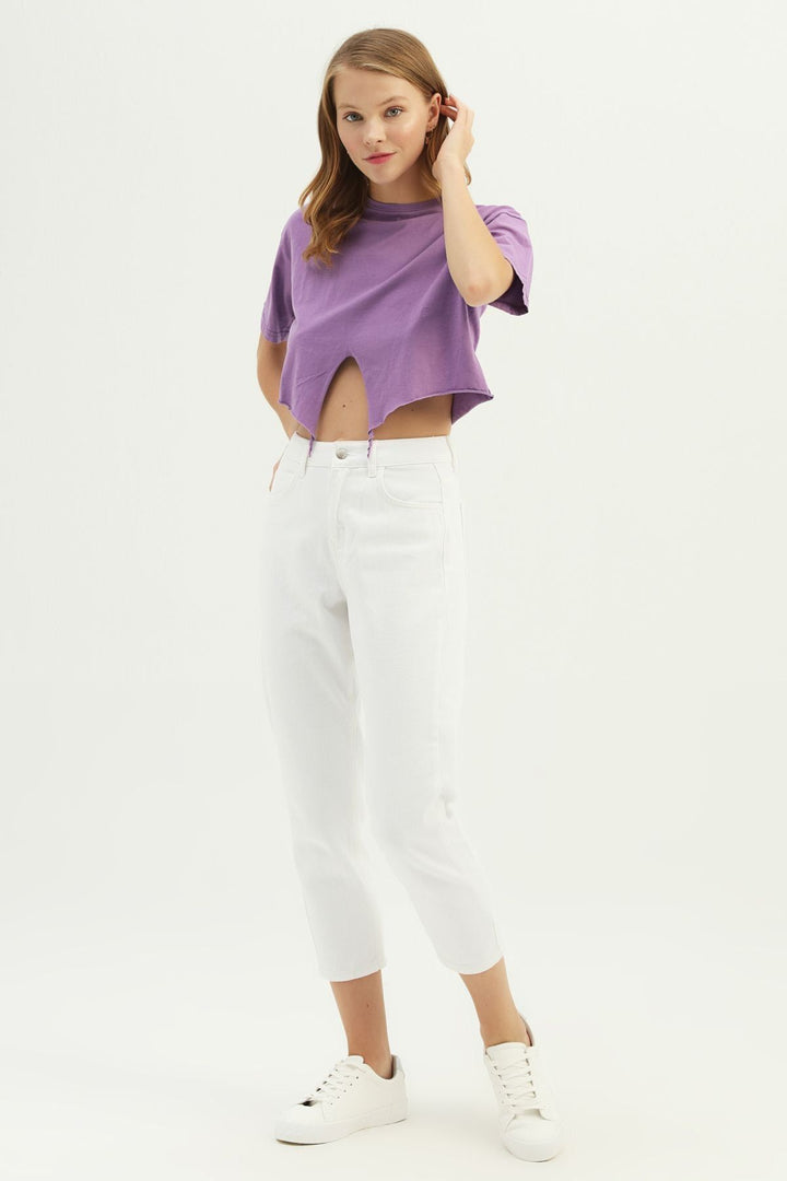 Bağlamalı Crop Tişört Mor