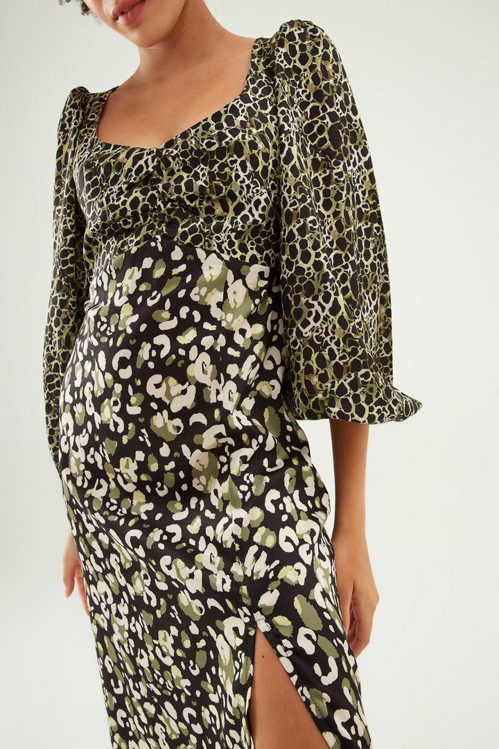 Balloon Sleeve Slit Satin Dress Green