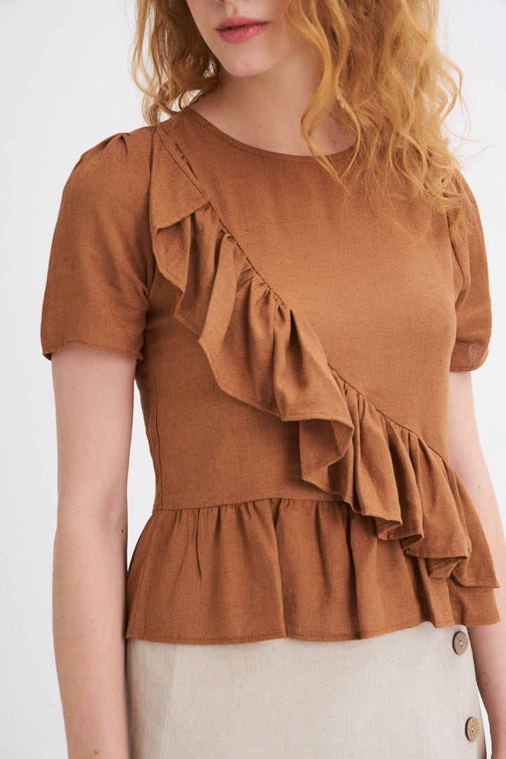 Ruffle Linen T-Shirt Brown