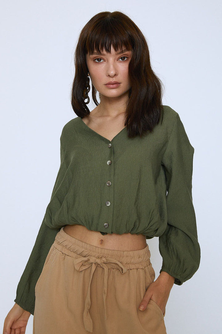 Beli Büzgülü Bağlamalı V Yaka Gömlek Haki