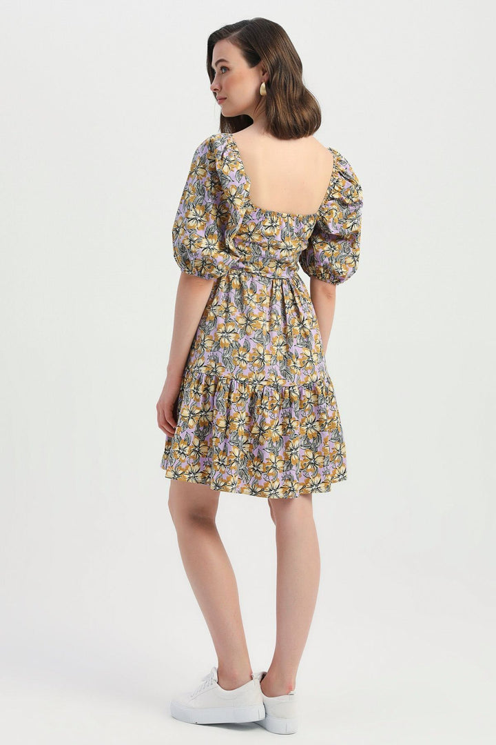 Flower Patterned Balloon Sleeve Dress Lilac