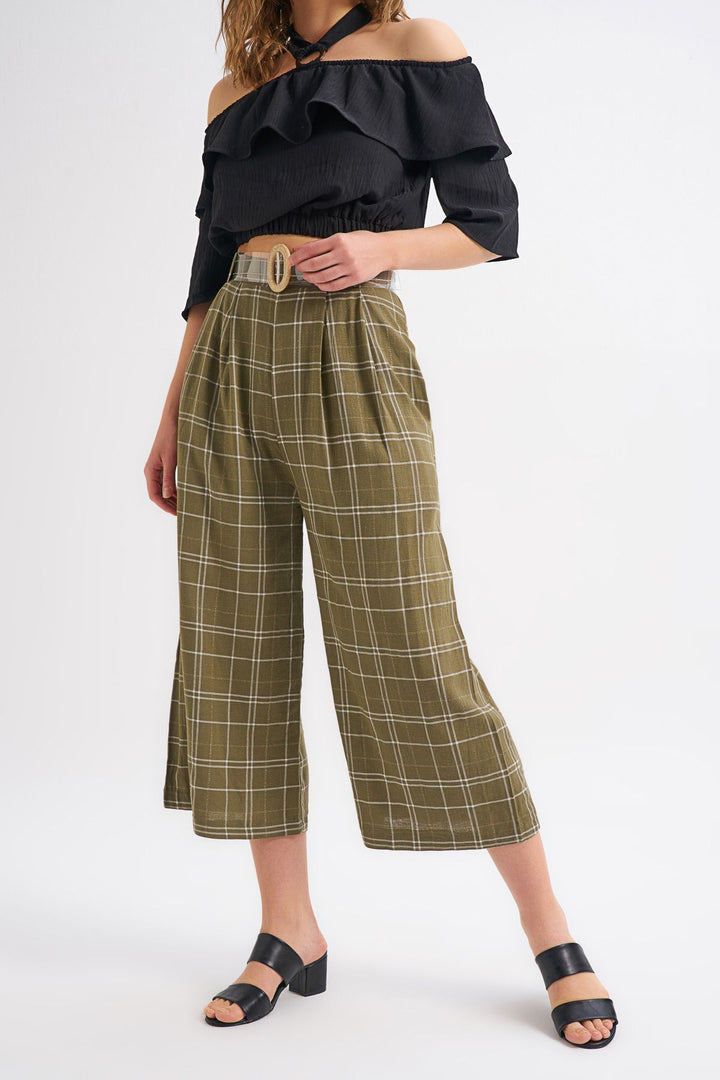 Belt Detailed Plaid Linen Trousers Khaki
