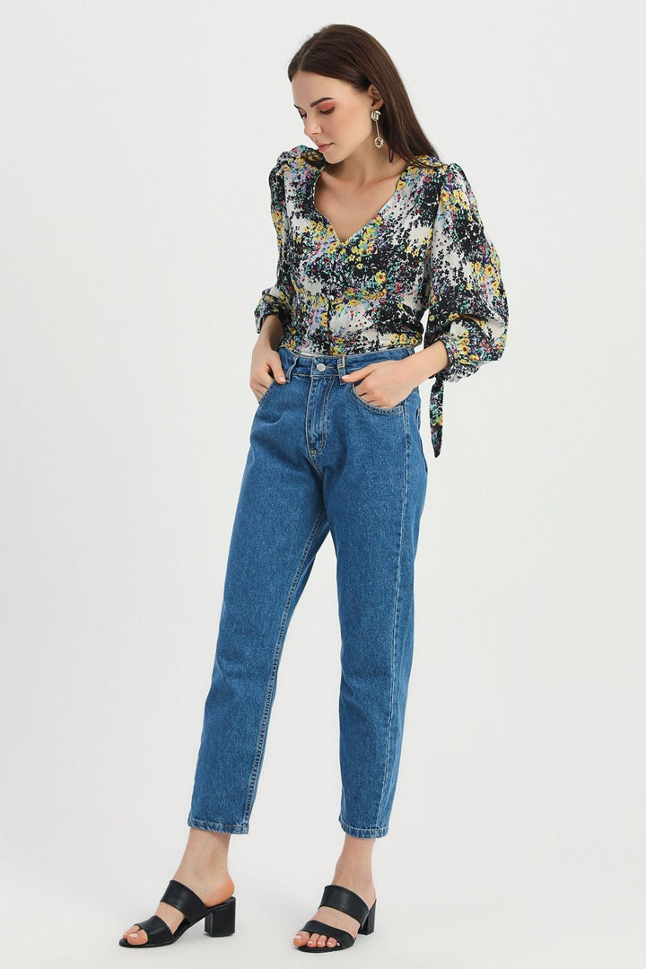 Patterned V-Neck Tie Detailed Blouse Black