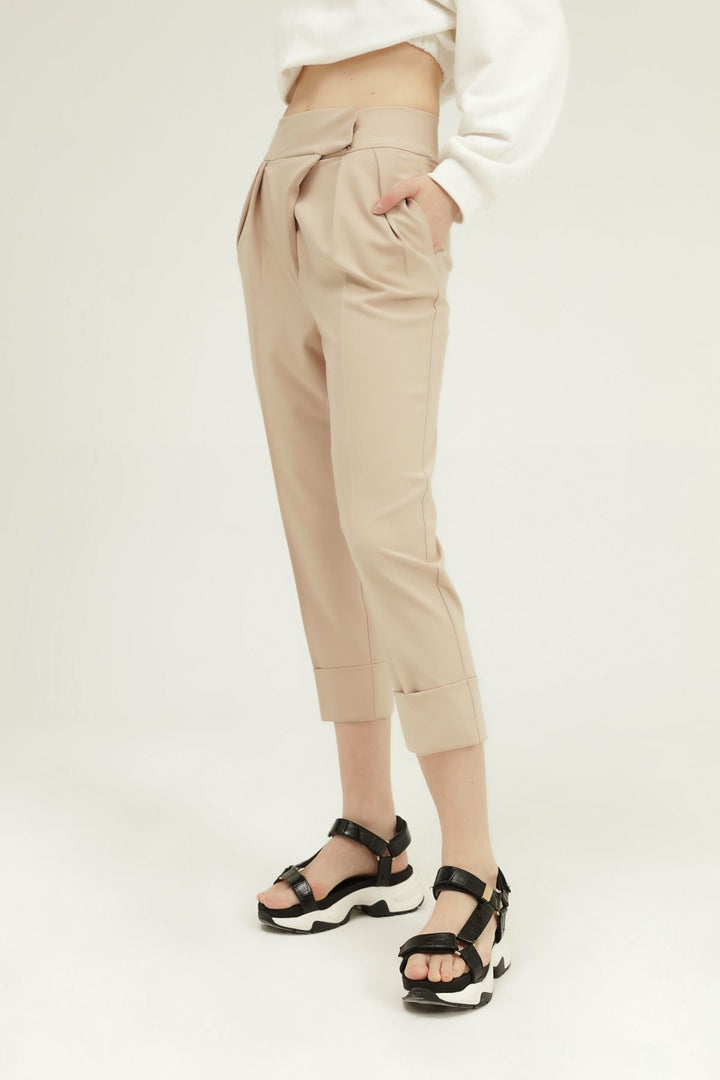 Duble Paça Yüksel Bel Pantolon Bej