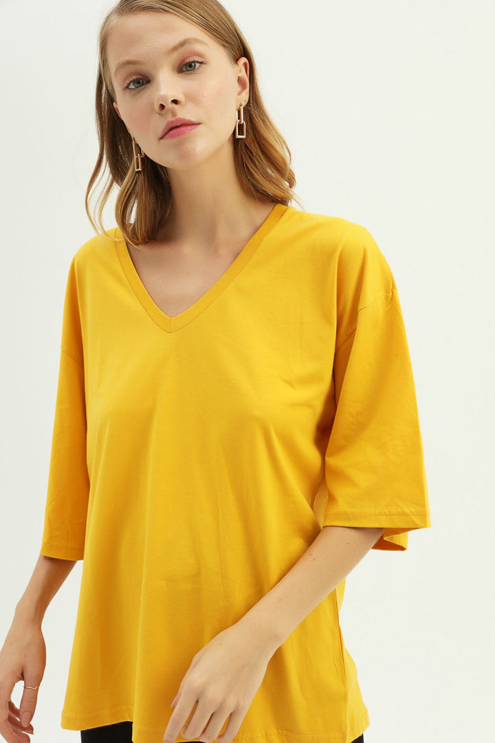 V Yaka Truvakar Kol Tişört Hardal