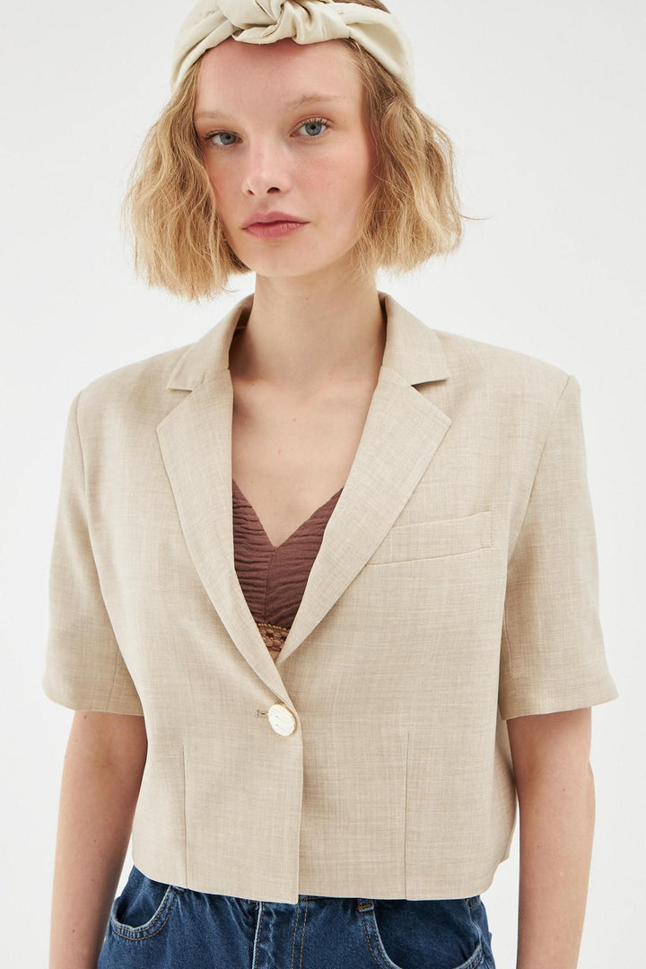 Vatkalı Crop Blazer Ceket Taş