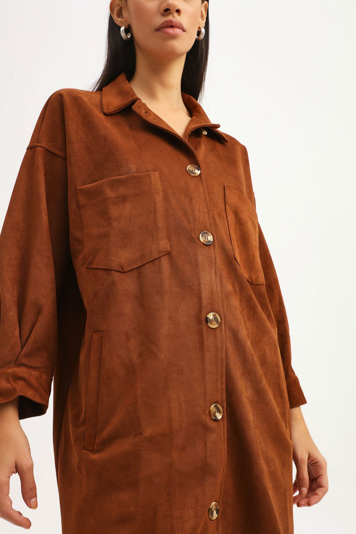 Süet Uzun Gömlek Kahverengi