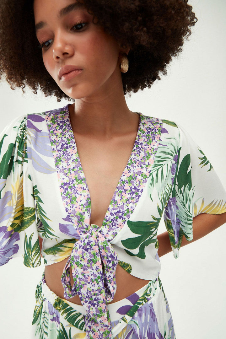 Patterned Tie Front Blouse Green