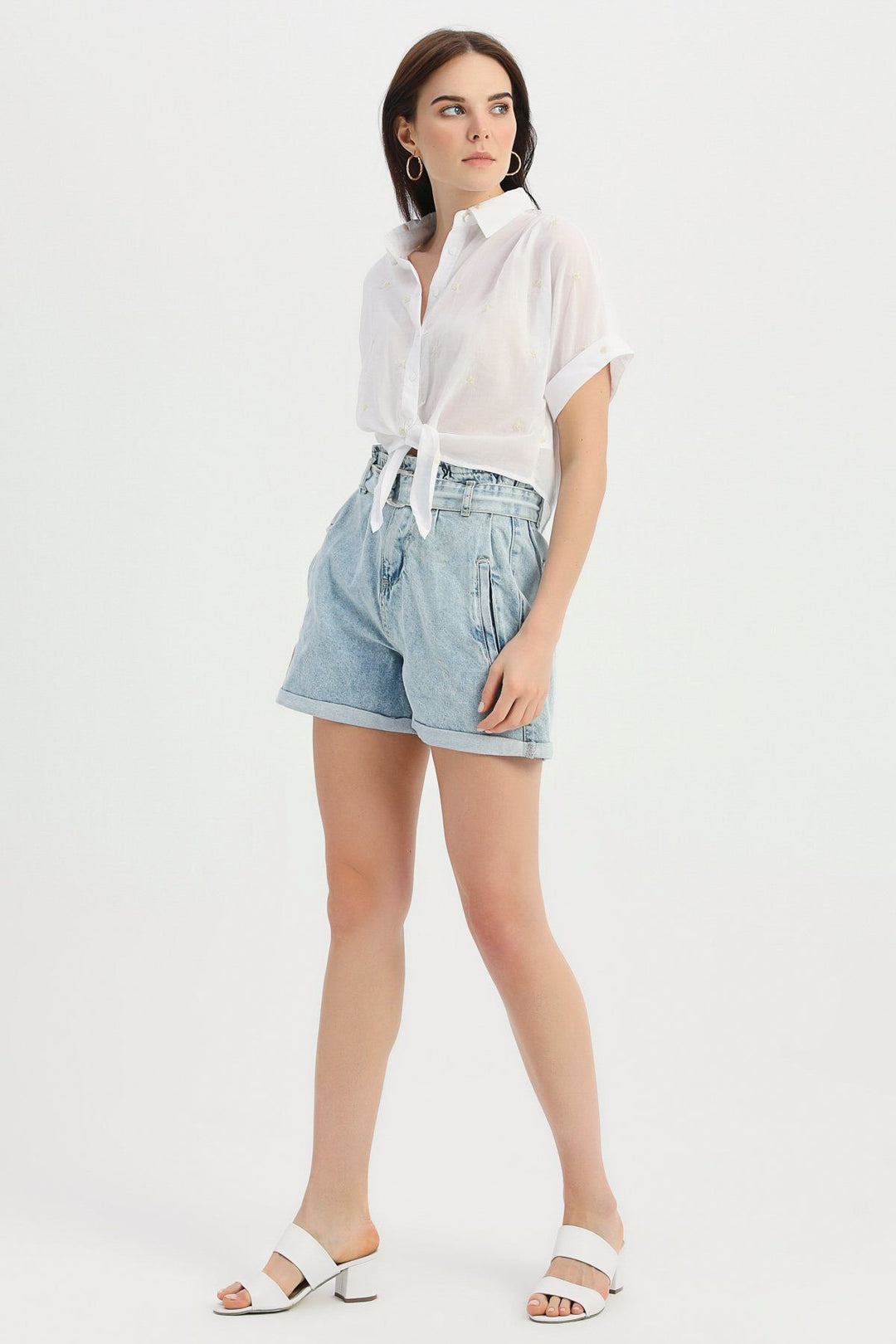 Front Tie Embroidered Shirt Beige