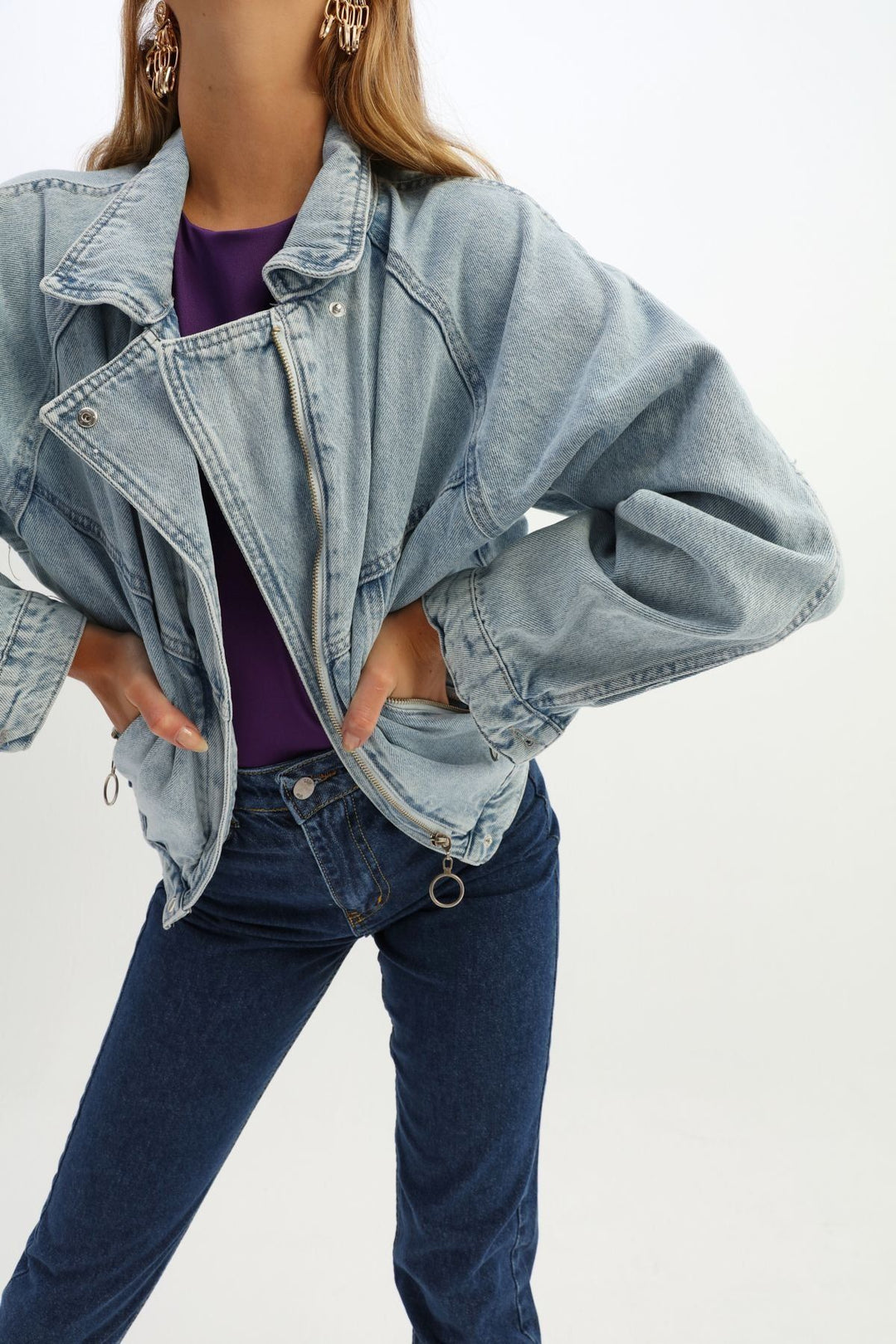 Kemer Detaylı Fermuarlı Kot Ceket Buz Mavi