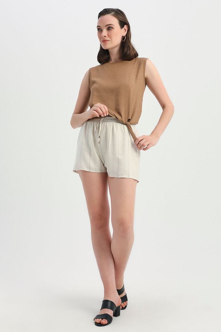 Side Tie Sleeveless Linen Blouse Brown