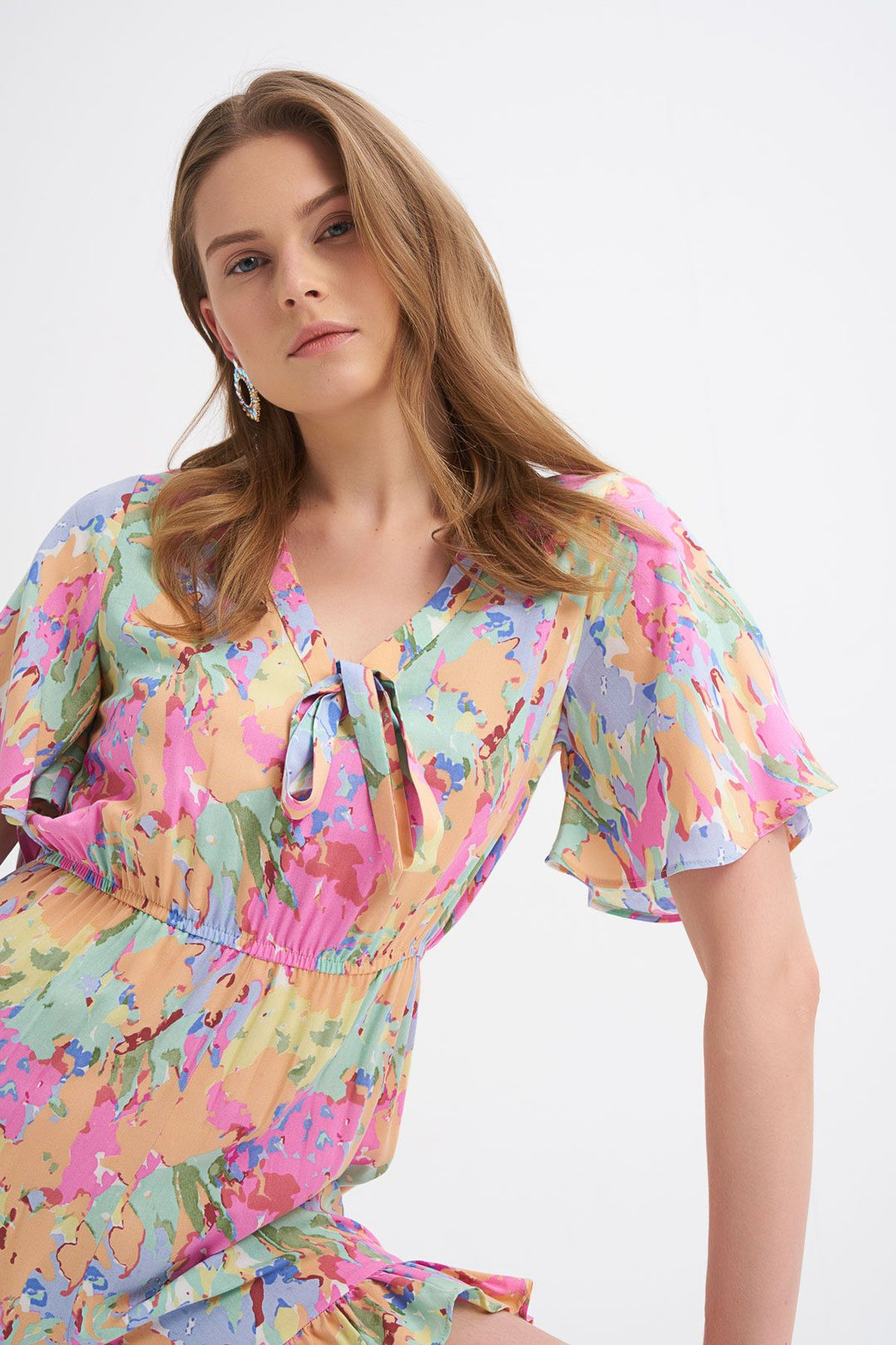 Patterned V-Neck Ruffle Detailed Jumpsuit Light Blue