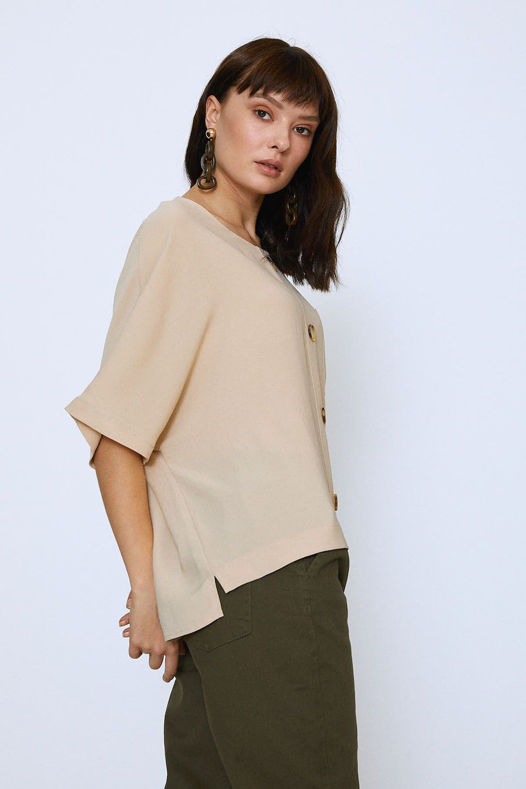 Düğmeli Oversize Bluz Taş