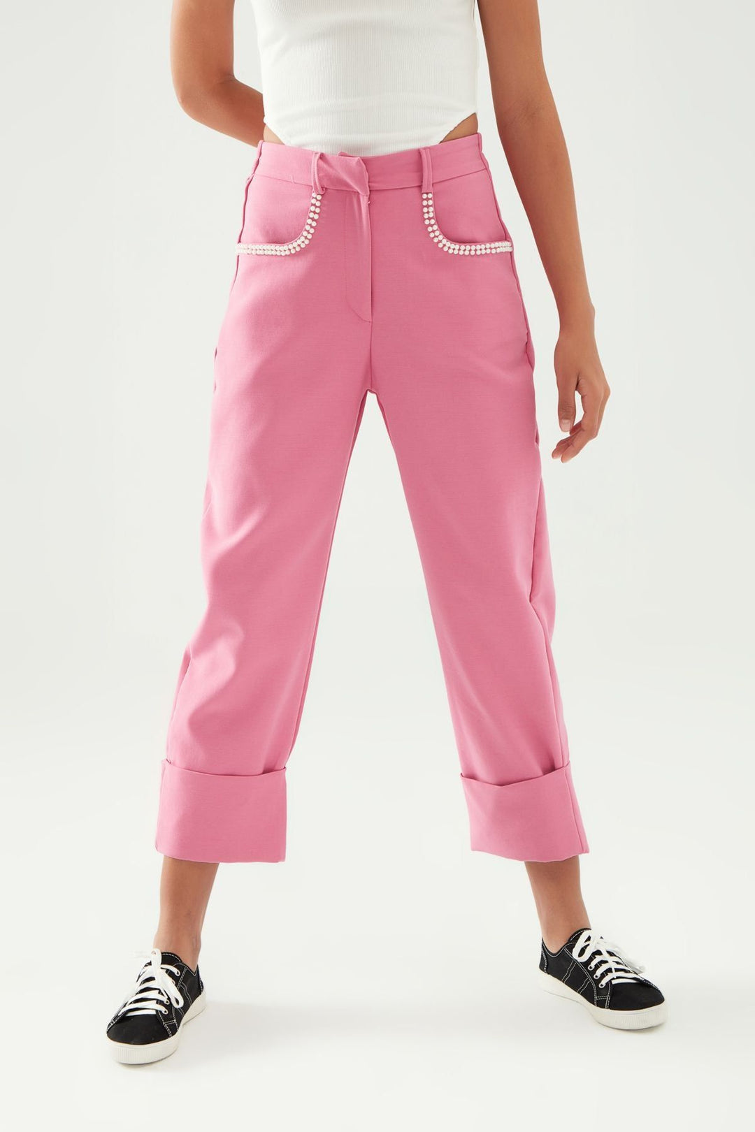 İnci Detaylı Duble Paça Pantolon Fuşya