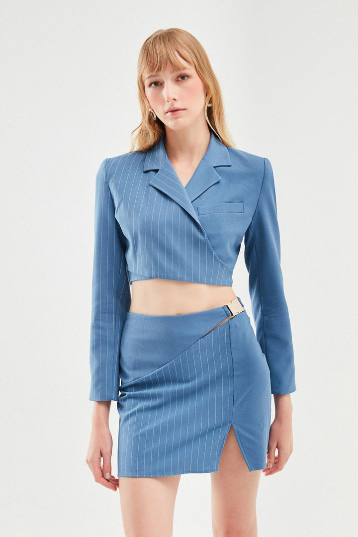 Belted Crop Blazer Jacket Blue