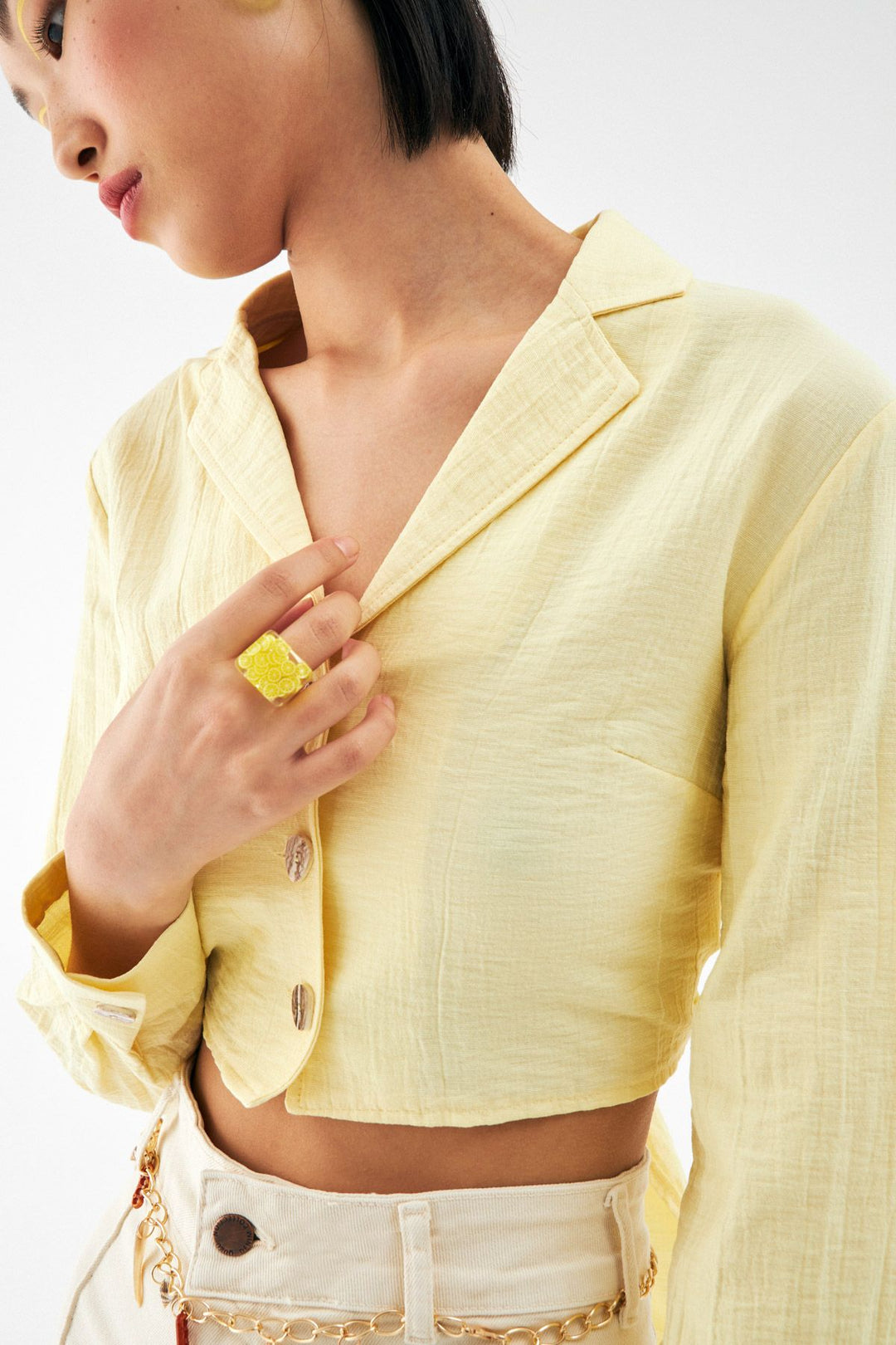Sırt Bağlama Detaylı Crop Gömlek Sarı