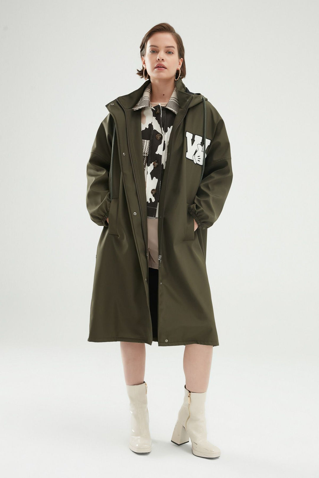 Kapüşonlu Oversize Trençkot Haki