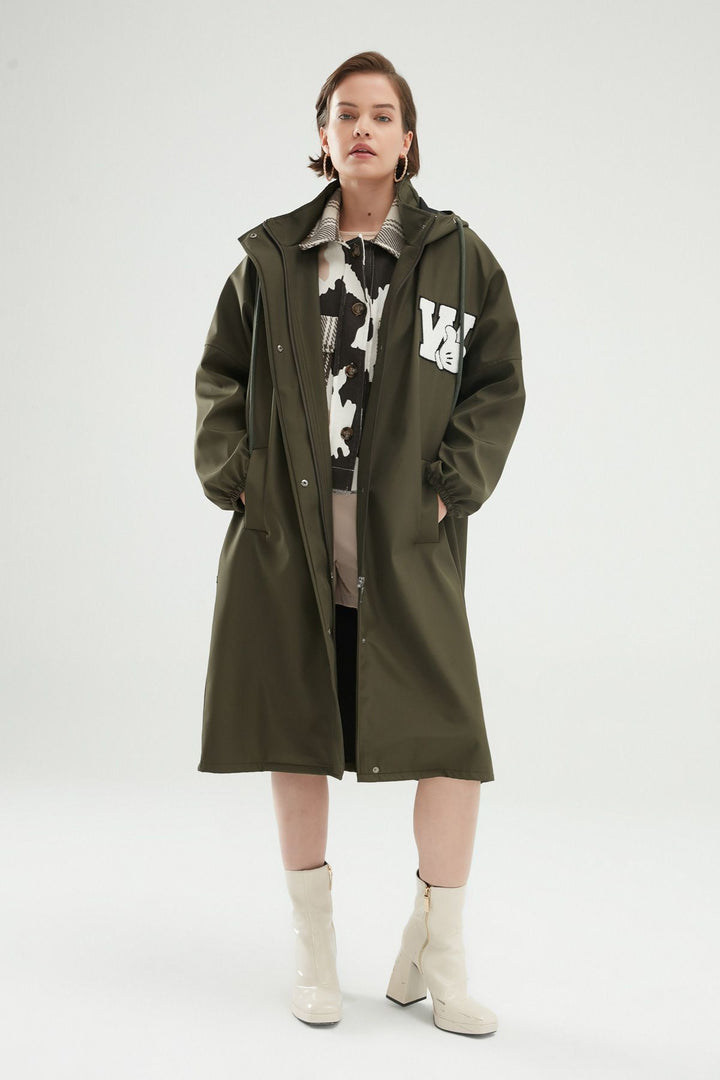 Kapüşonlu Oversize Trençkot Haki