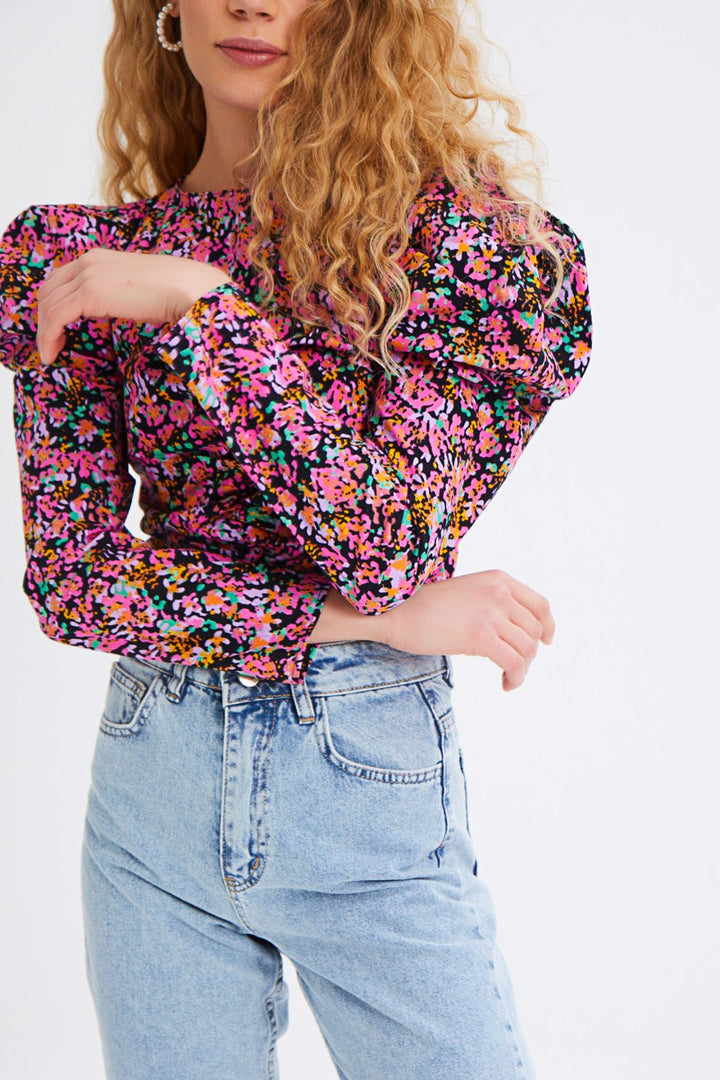 Desenli Karpuz Kol Bluz Fuşya