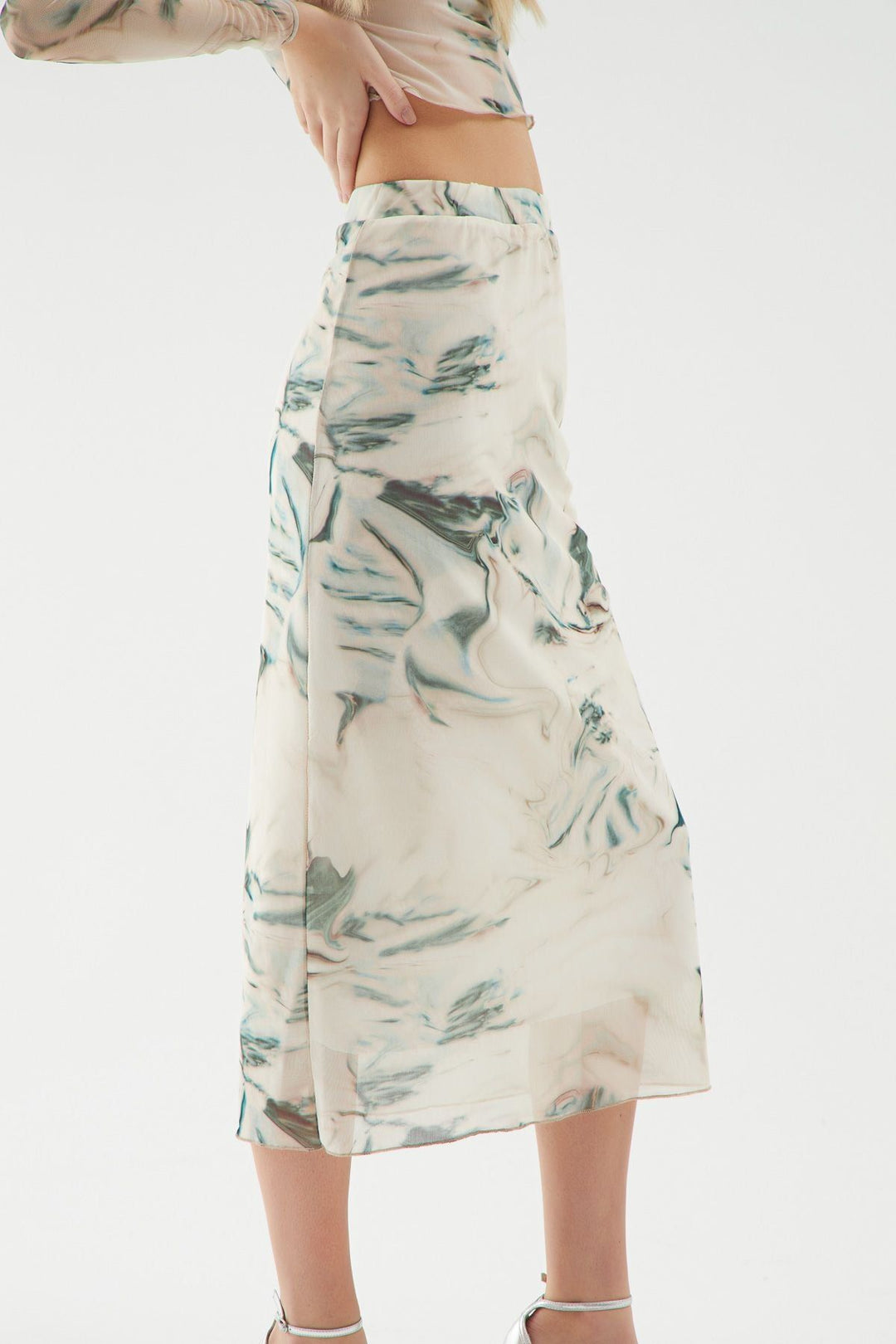 Tie-Dye Patterned Tulle Midi Skirt Stone