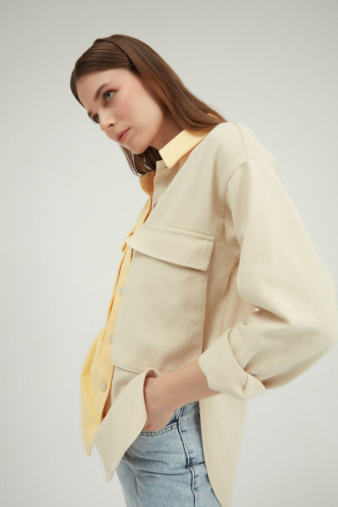 İki Renkli Cepli Gabardin Gömlek Sarı