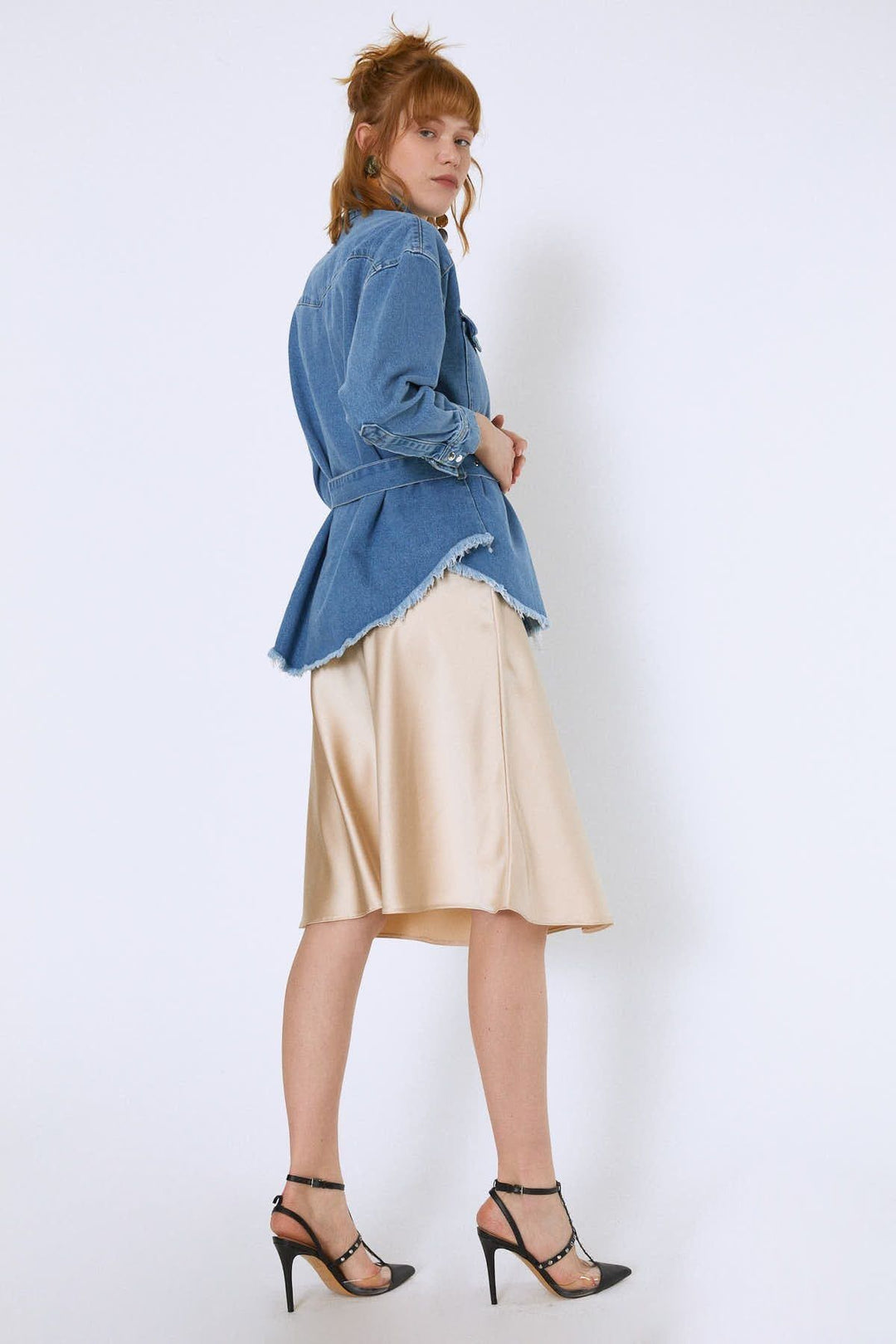 Belted Long Denim Jacket Blue