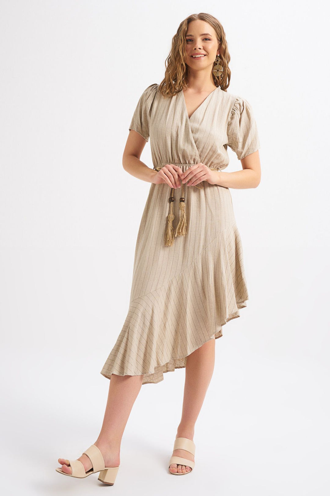 Straw Belt Double Breasted Linen Dress Natural