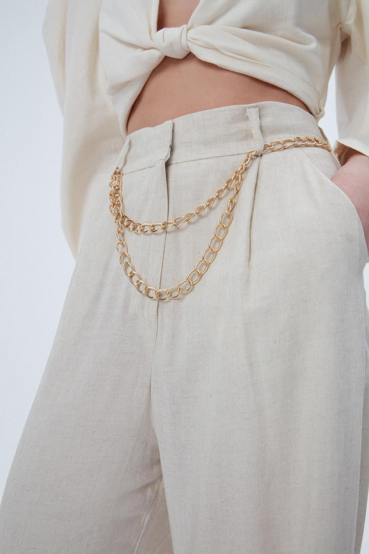 Zincir Kemerli Bol Paça Pantolon Naturel