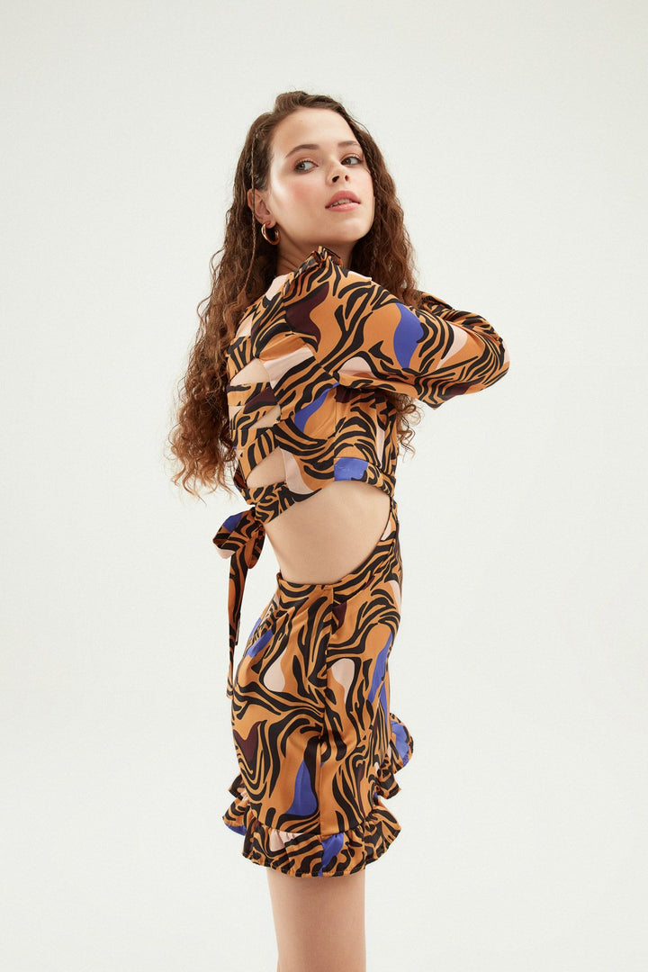Patterned Cut Out Mini Dress Brown