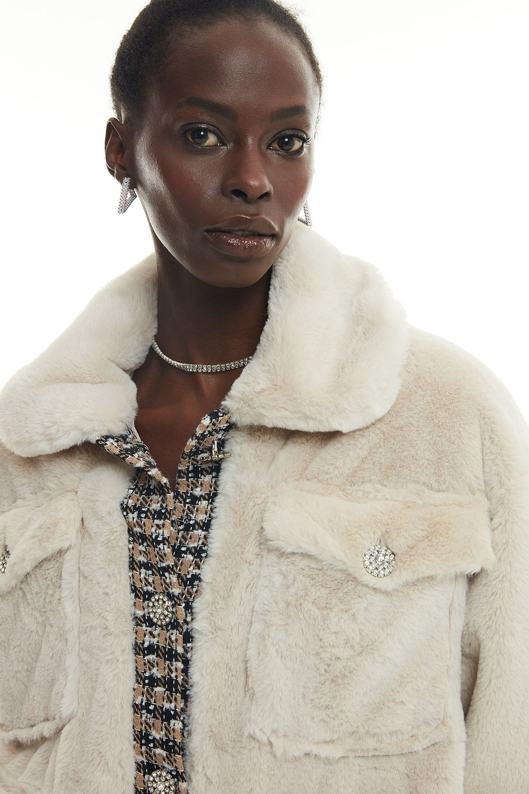 Tweed Detailed Pocket Plush Coat Beige