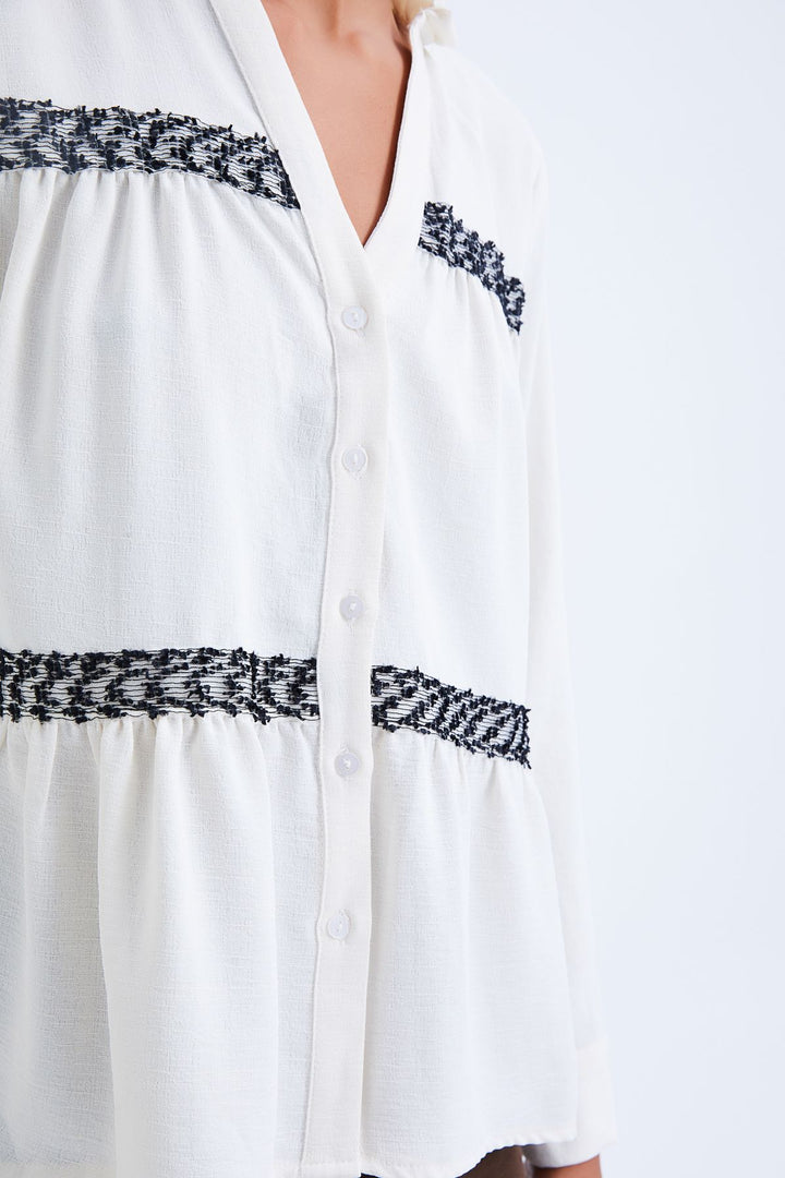 V-Neck Ruffled Striped Shirt Ecru