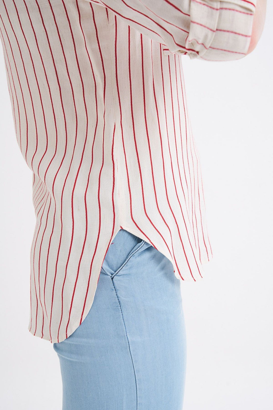 Çizgili Cepli Keten Gömlek Kırmızı