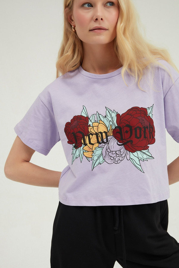 Baskılı Crop Tişört Lila