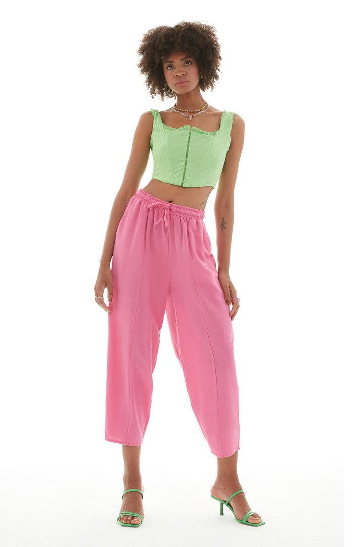 Beli Lastikli Keten Pantolon Pembe