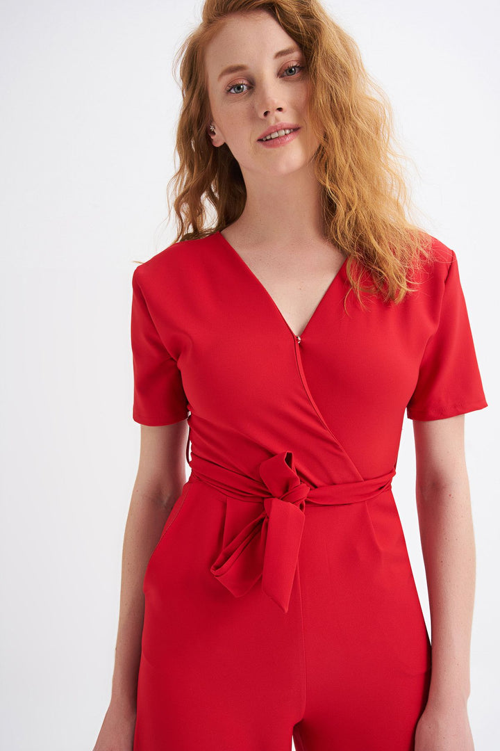 Kruvaze Beli Kuşaklı Tulum Kırmızı