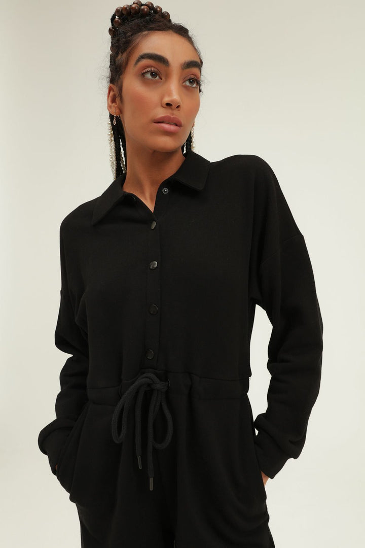 Beli Büzgülü Gömlek Yaka Tulum Siyah