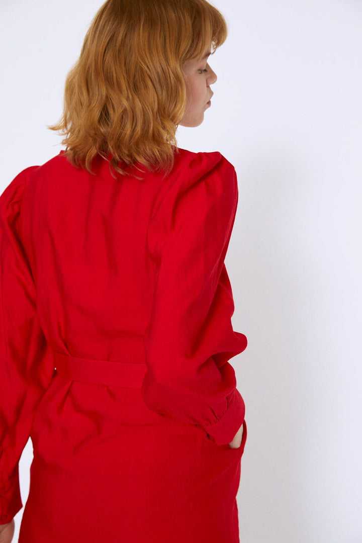 Waist Belted V-Neck Dress Red