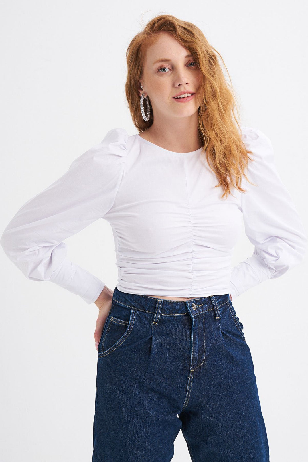 Balon Kol Gipeli Bluz Beyaz