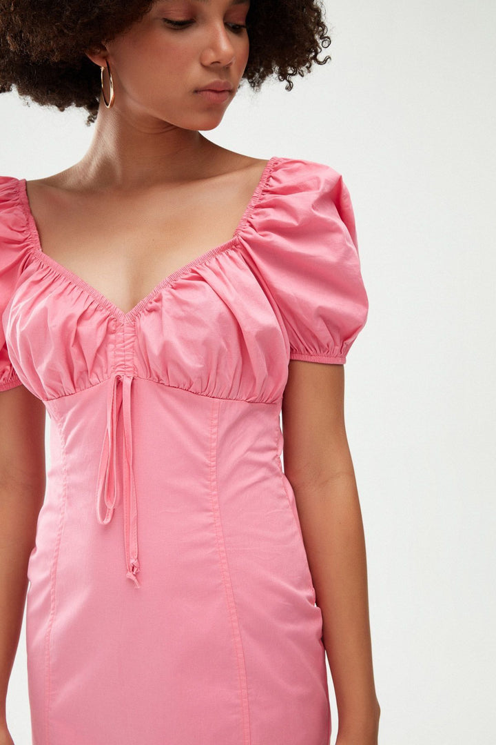 V Yaka Balon Kol Mini Elbise Şeker Pembe