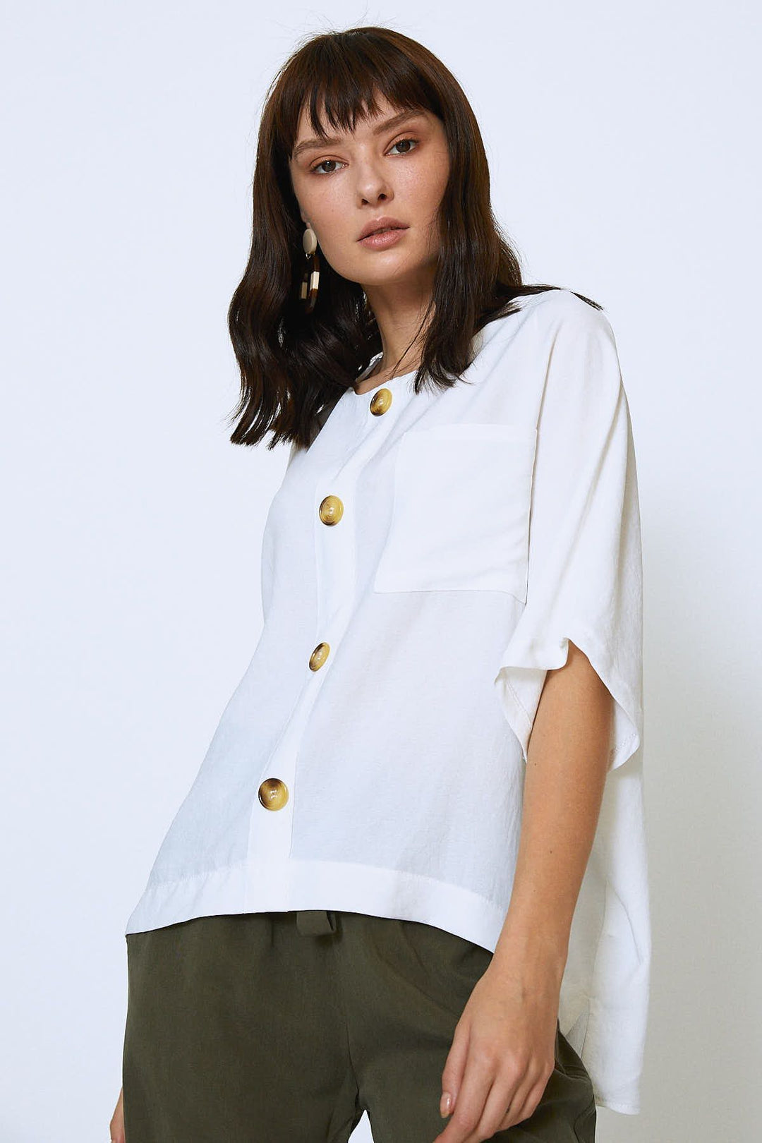 Düğmeli Oversize Bluz Ekru