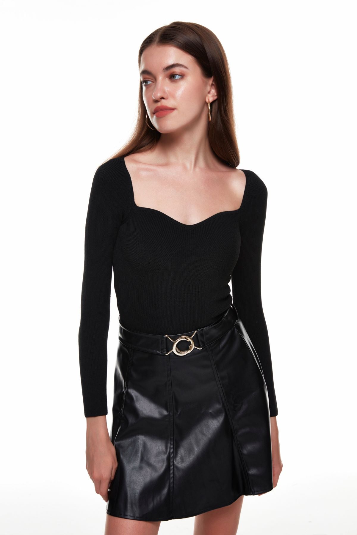 Belt Detailed Leather Mini Skirt Black