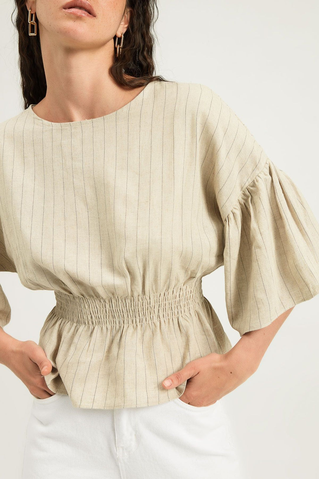 Striped Blouse with Gipe Waist Natural
